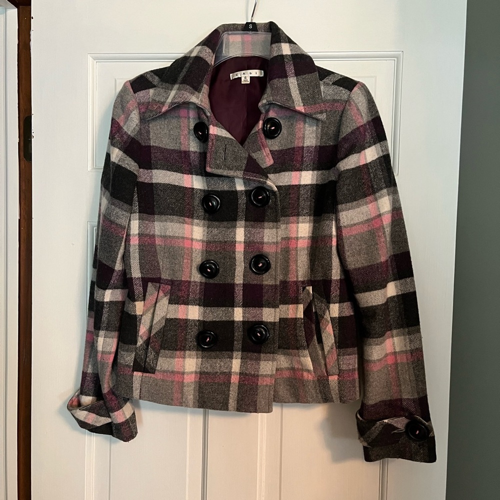 CAbi Womens Vintage Wool Blend Jacket Coat Double Breasted Plaid Purple Gray